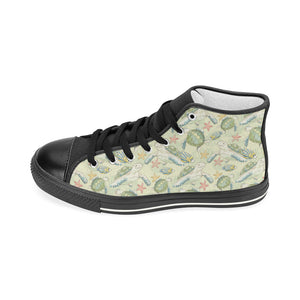 Hand drawn sea turtle fish pattern Women's High Top Canvas Shoes Black
