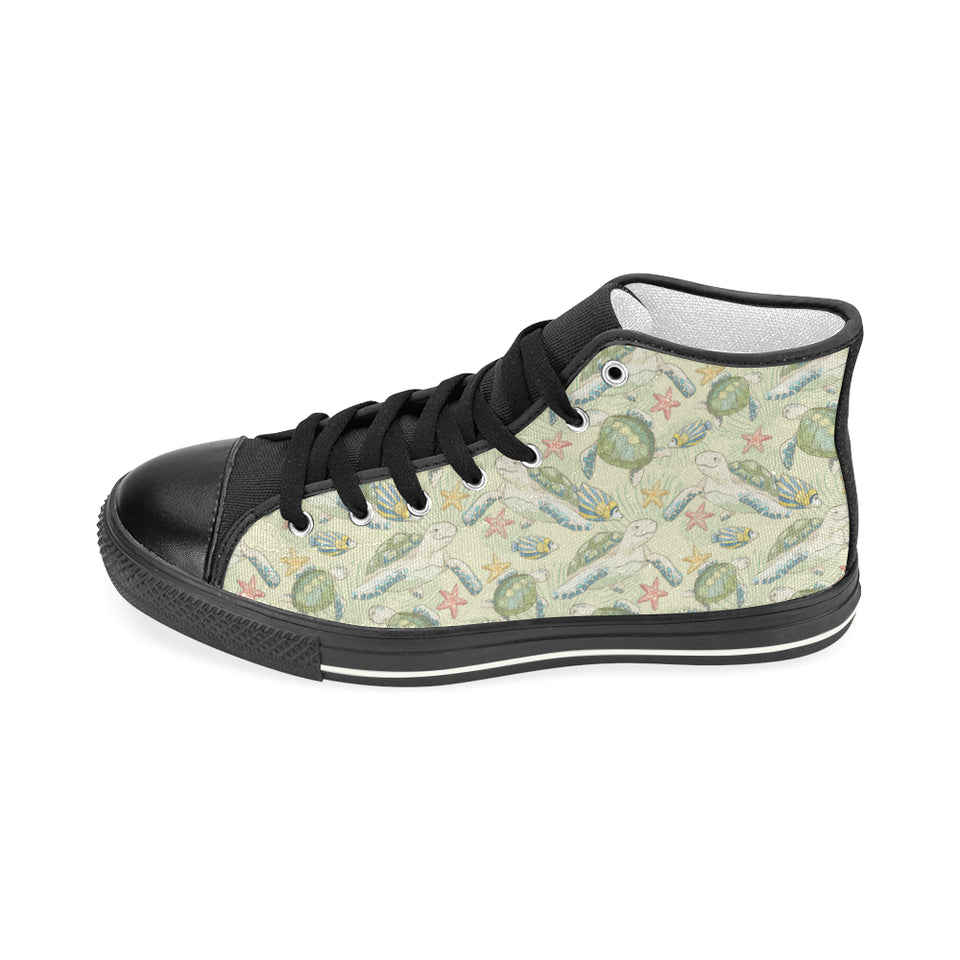 Hand drawn sea turtle fish pattern Women's High Top Canvas Shoes Black