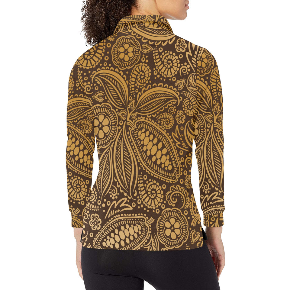 cacao beans tribal polynesian pattern background Women's Long Sleeve Polo Shirt
