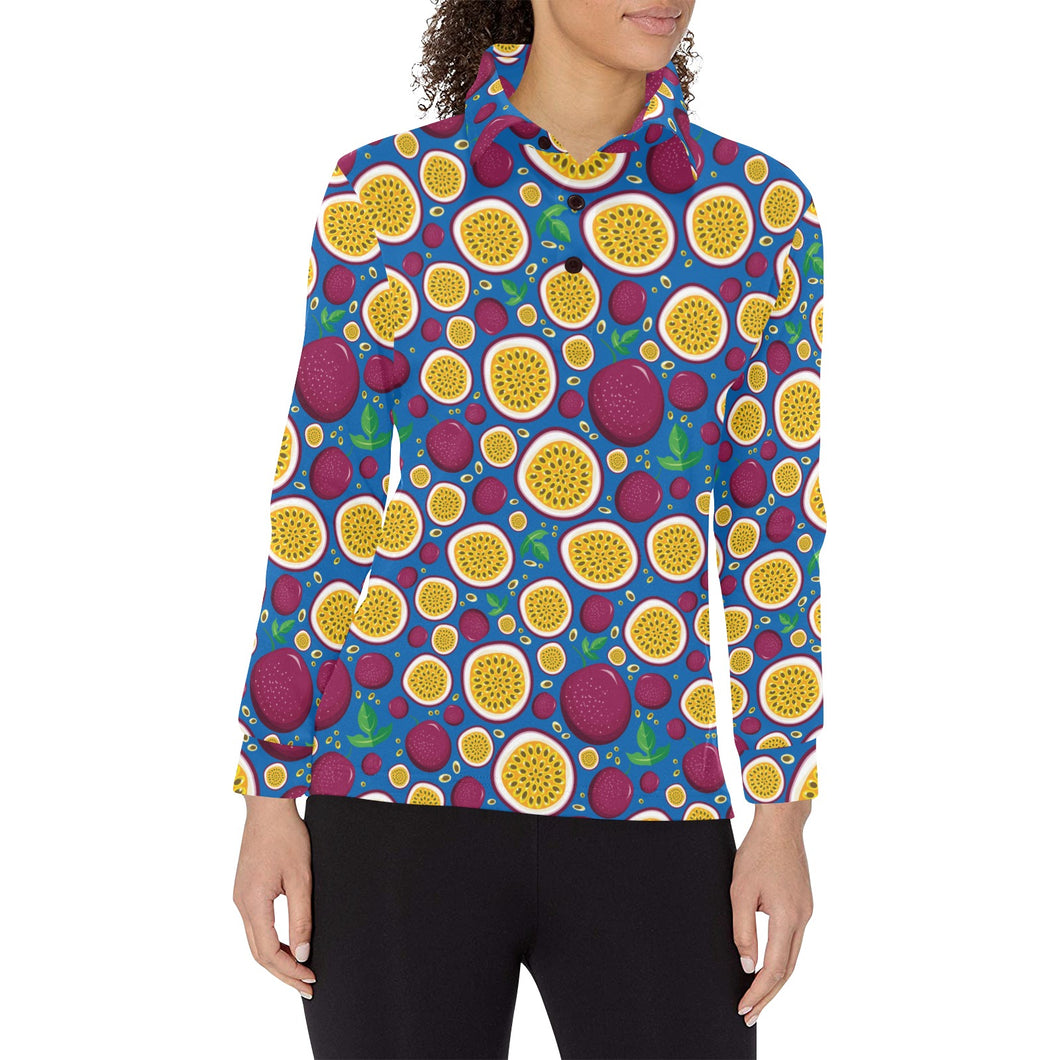Passion fruit blue background Women's Long Sleeve Polo Shirt
