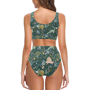 dinosaurs tropical leaves flower pattern Chest Bowknot High Waisted Bikini Swimsuit