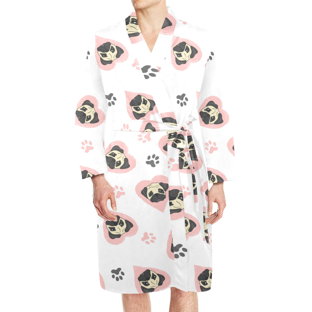 Cute pugs pink heart paw pattern Men's Long Sleeve Belted Night Robe