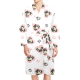Cute pugs pink heart paw pattern Men's Long Sleeve Belted Night Robe