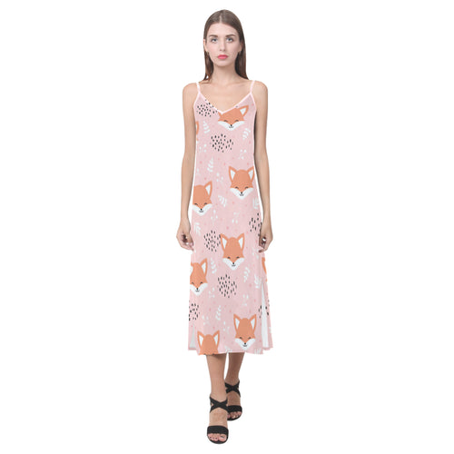 Cute fox pattern pink background V-Neck Open Fork Long Dress