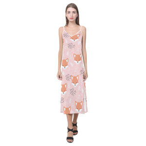 Cute fox pattern pink background V-Neck Open Fork Long Dress