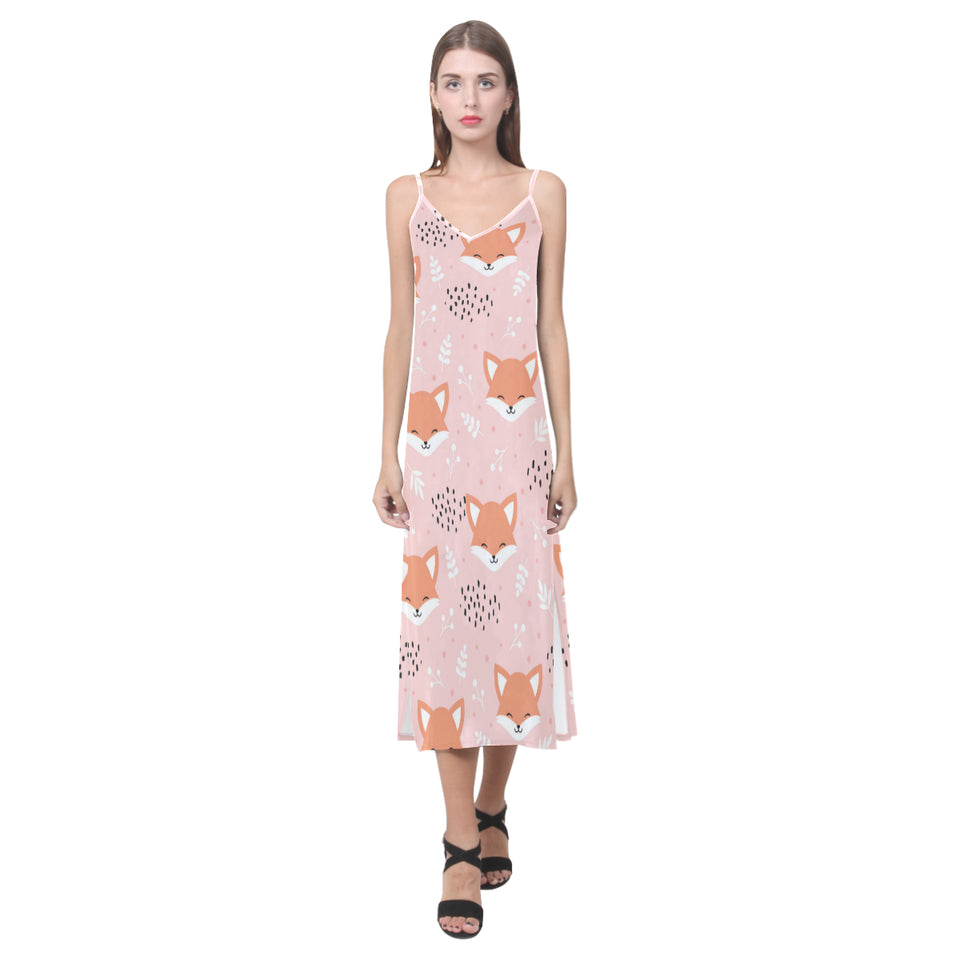 Cute fox pattern pink background V-Neck Open Fork Long Dress