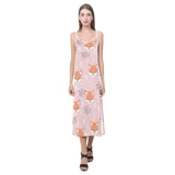 Cute fox pattern pink background V-Neck Open Fork Long Dress