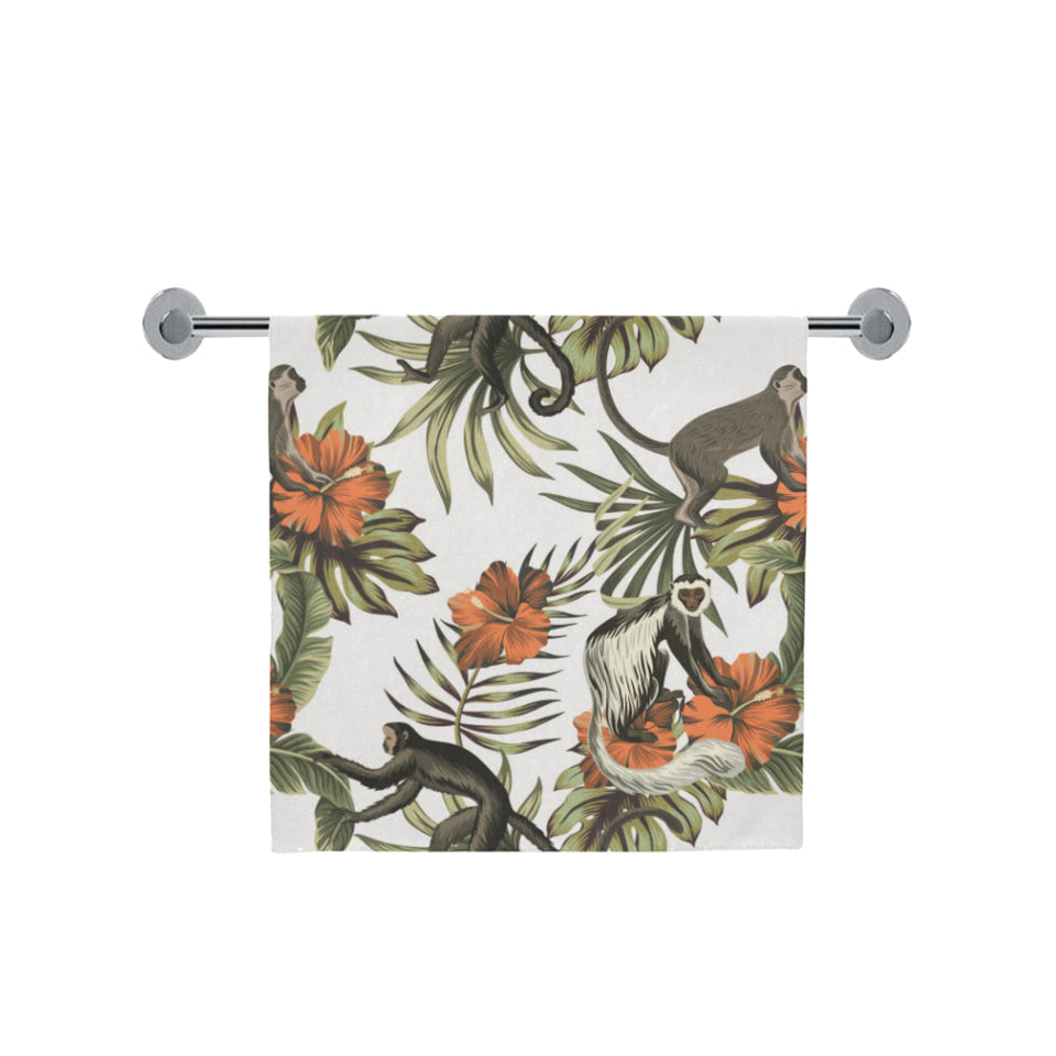 Monkey red hibiscus flower palm leaves floral patt Bath Towel