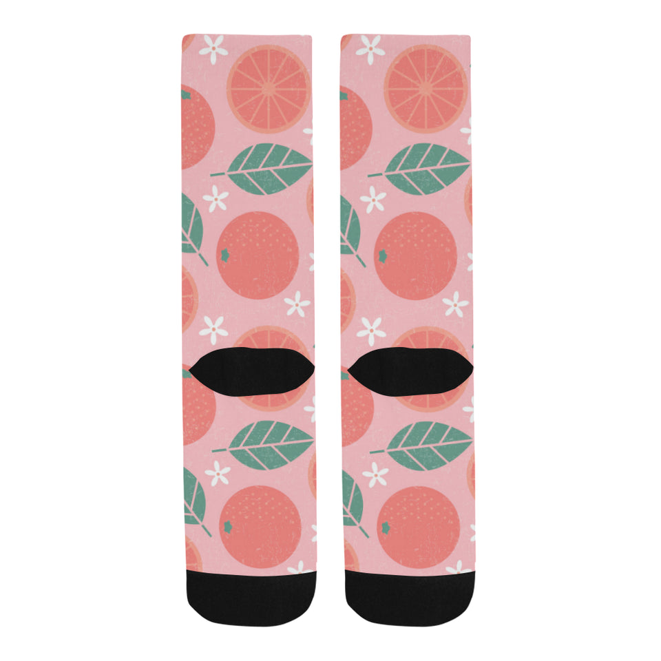 Grapefruit leaves flower pink background Crew Socks