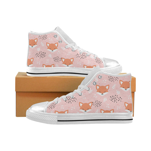 Cute fox pattern pink background Women's High Top Canvas Shoes White