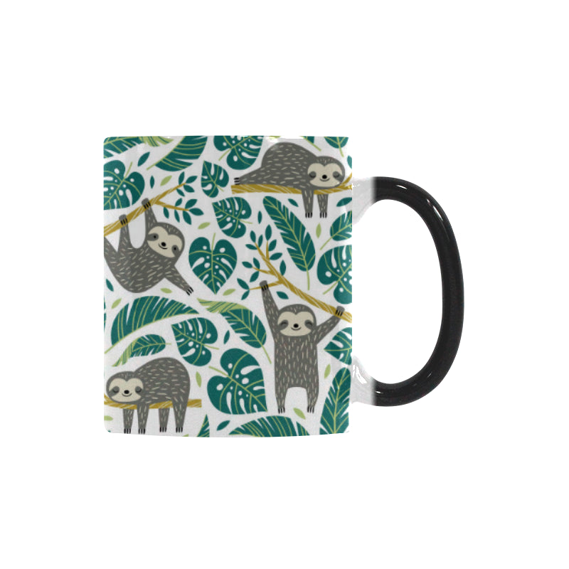 Cute sloths tropical palm leaves white background Morphing Mug Heat Changing Mug