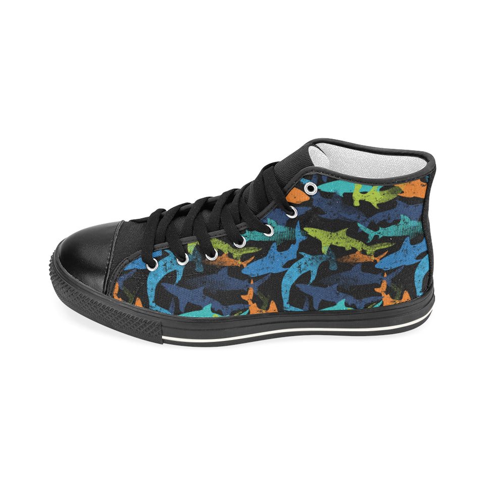 Colorful shark Women's High Top Canvas Shoes Black