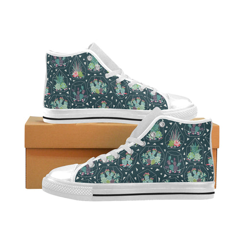 Cactus glass terrarium pattern Men's High Top Canvas Shoes White