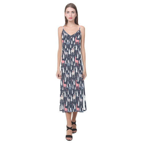 Deers Winter Christmas pattern V-Neck Open Fork Long Dress