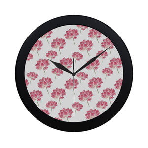 Pink lotus waterlily pattern Elegant Black Wall Clock