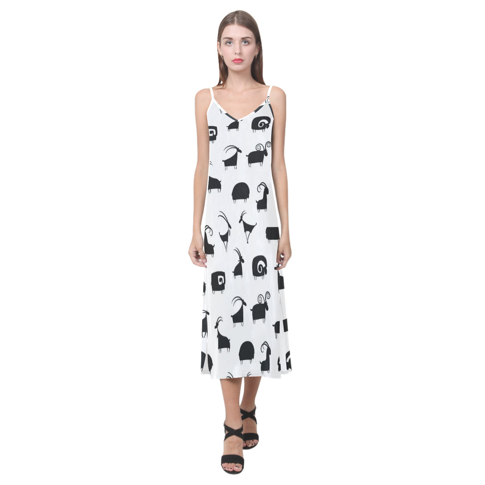 Goat ram pattern V-Neck Open Fork Long Dress