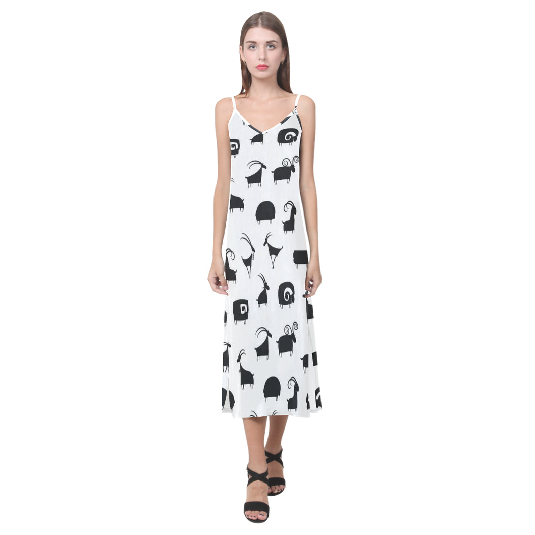 Goat ram pattern V-Neck Open Fork Long Dress