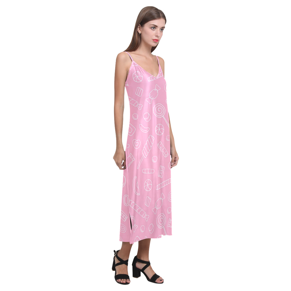 Sweet candy pink background V-Neck Open Fork Long Dress