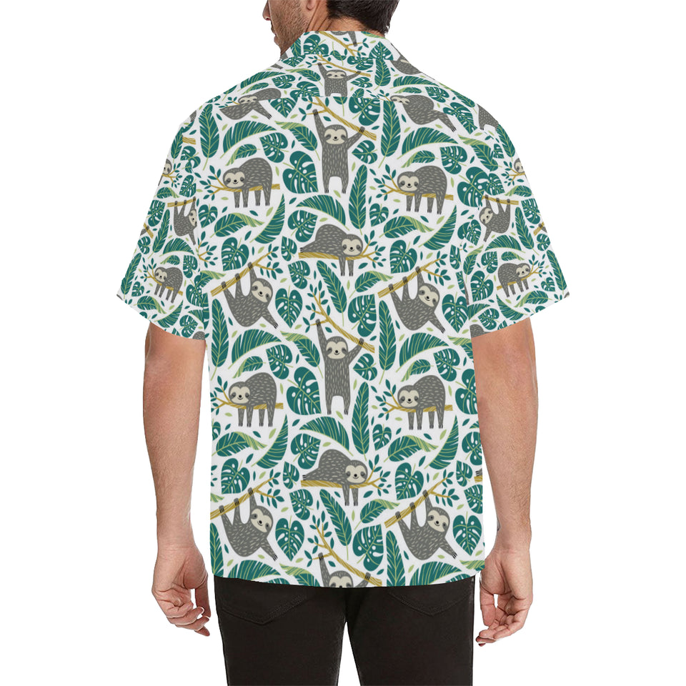 Cute sloths tropical palm leaves white background Men's All Over Print Hawaiian Shirt