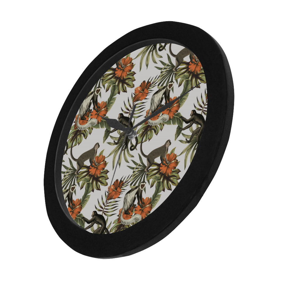 Monkey red hibiscus flower palm leaves floral patt Elegant Black Wall Clock