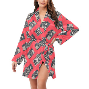 Camera Pattern Print Design 05 Women's Long Sleeve Belted Night Robe