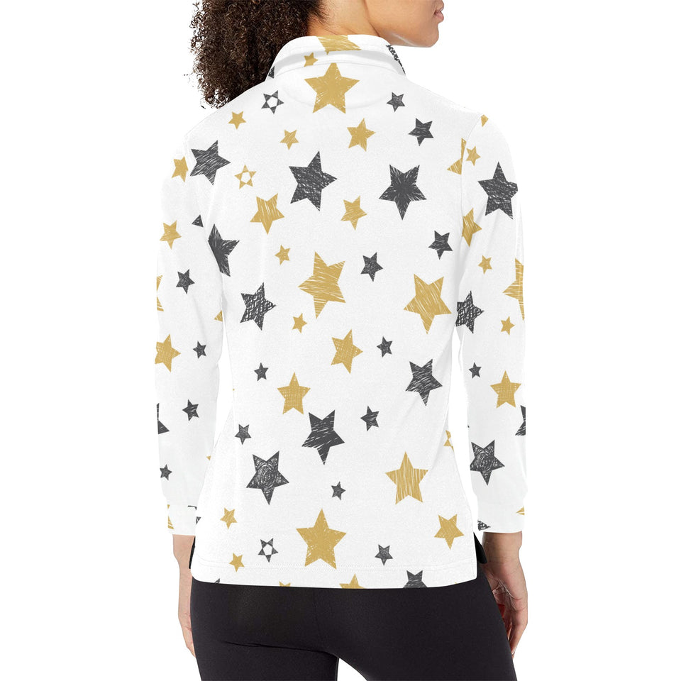 hand drawn gold black star pattern Women's Long Sleeve Polo Shirt