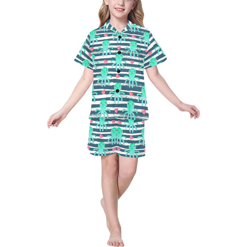 Cute octopuses heart striped background Kids' Boys' Girls' V-Neck Short Pajama Set