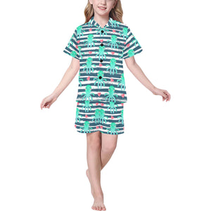 Cute octopuses heart striped background Kids' Boys' Girls' V-Neck Short Pajama Set