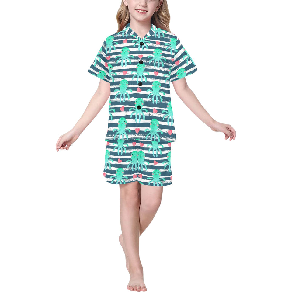 Cute octopuses heart striped background Kids' Boys' Girls' V-Neck Short Pajama Set