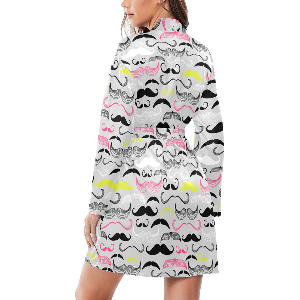 Mustache Beard Pattern Print Design 02 Women's Long Sleeve Belted Night Robe