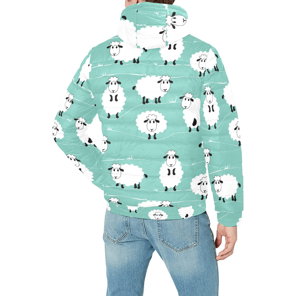 Cute sheep green background Men's Padded Hooded Jacket