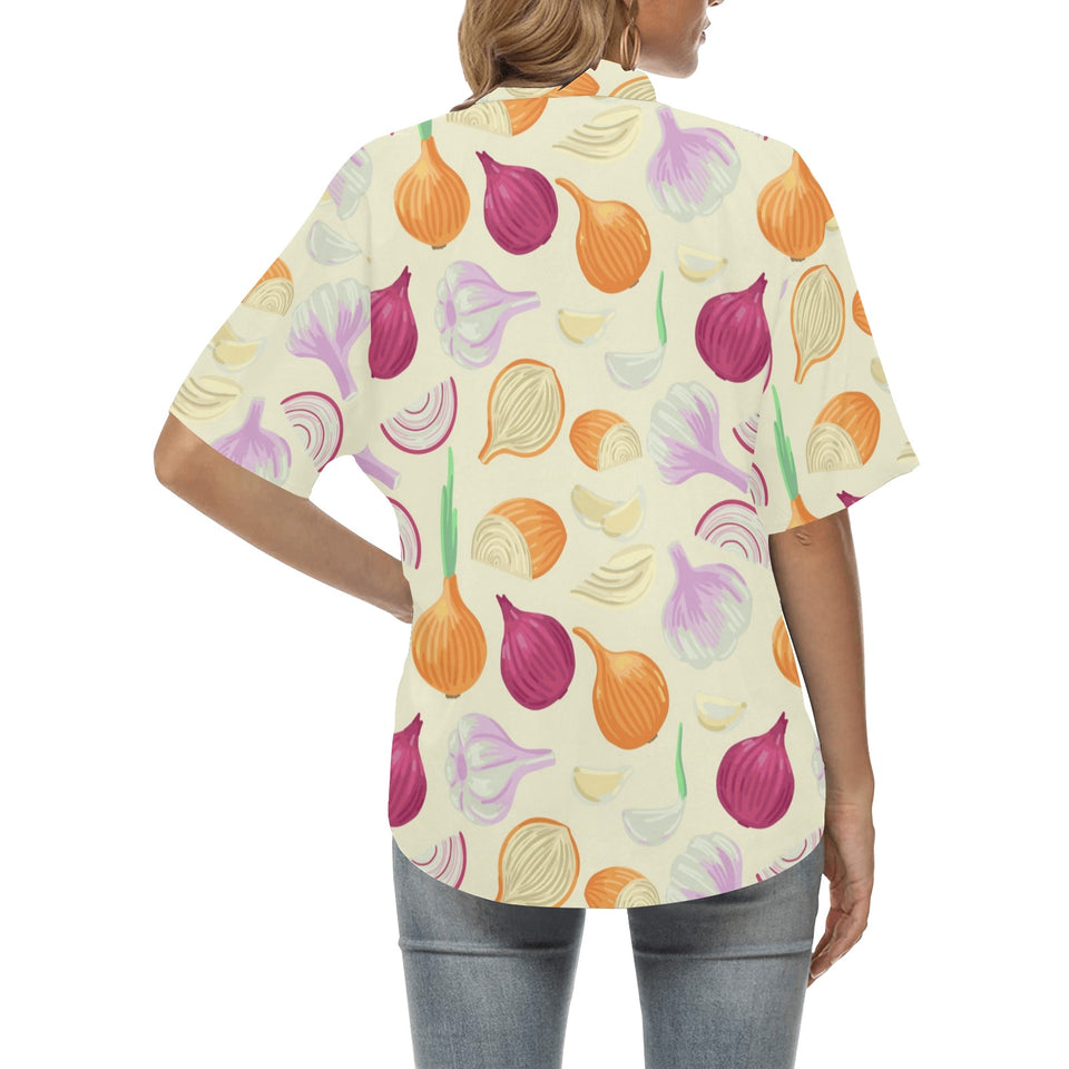 Onion garlic white red pattern Women's All Over Print Hawaiian Shirt