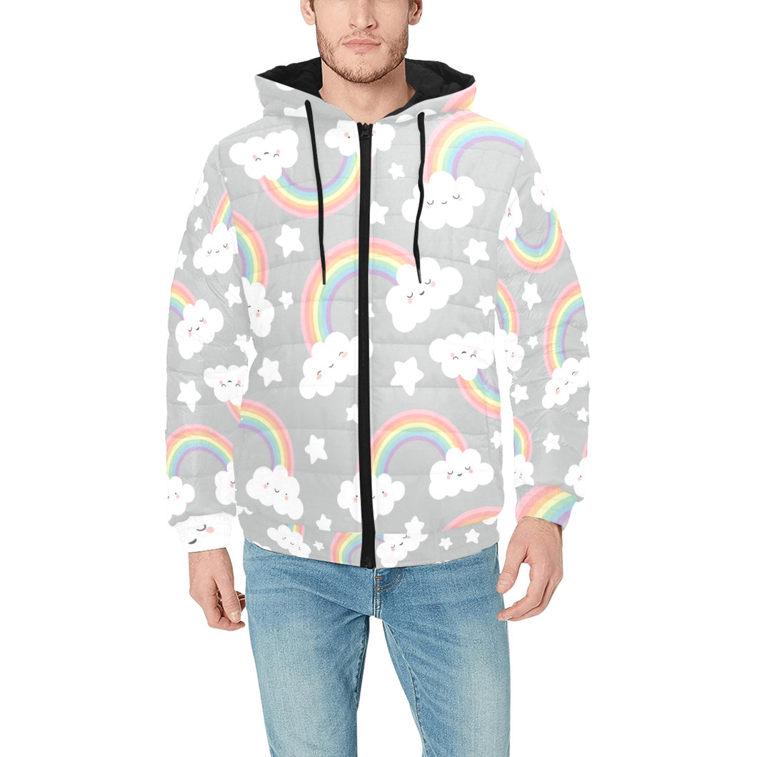 Cute rainbow clound star pattern Men's Padded Hooded Jacket