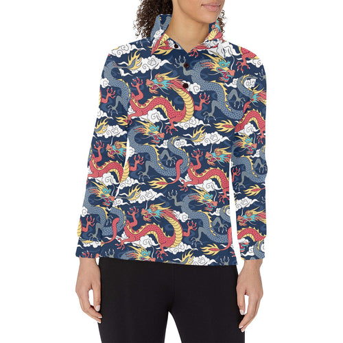 Blue red dragon cloud pattern Women's Long Sleeve Polo Shirt