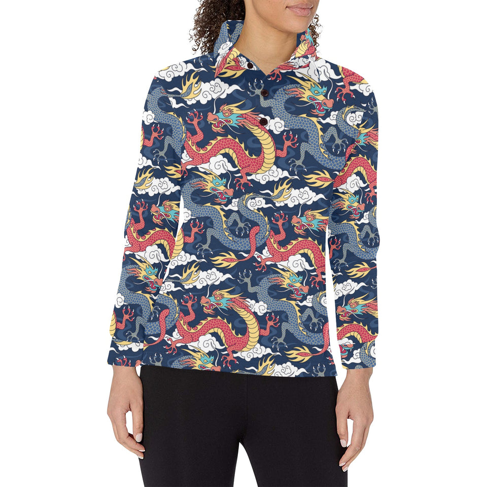 Blue red dragon cloud pattern Women's Long Sleeve Polo Shirt