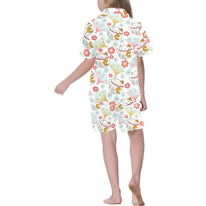 Maneki neko cat fan sakura Kids' Boys' Girls' V-Neck Short Pajama Set