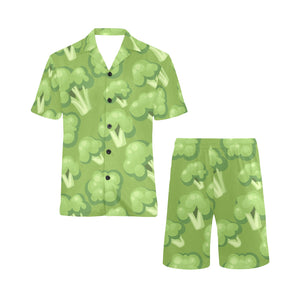 Broccoli pattern green background Men's V-Neck Short Pajama Set