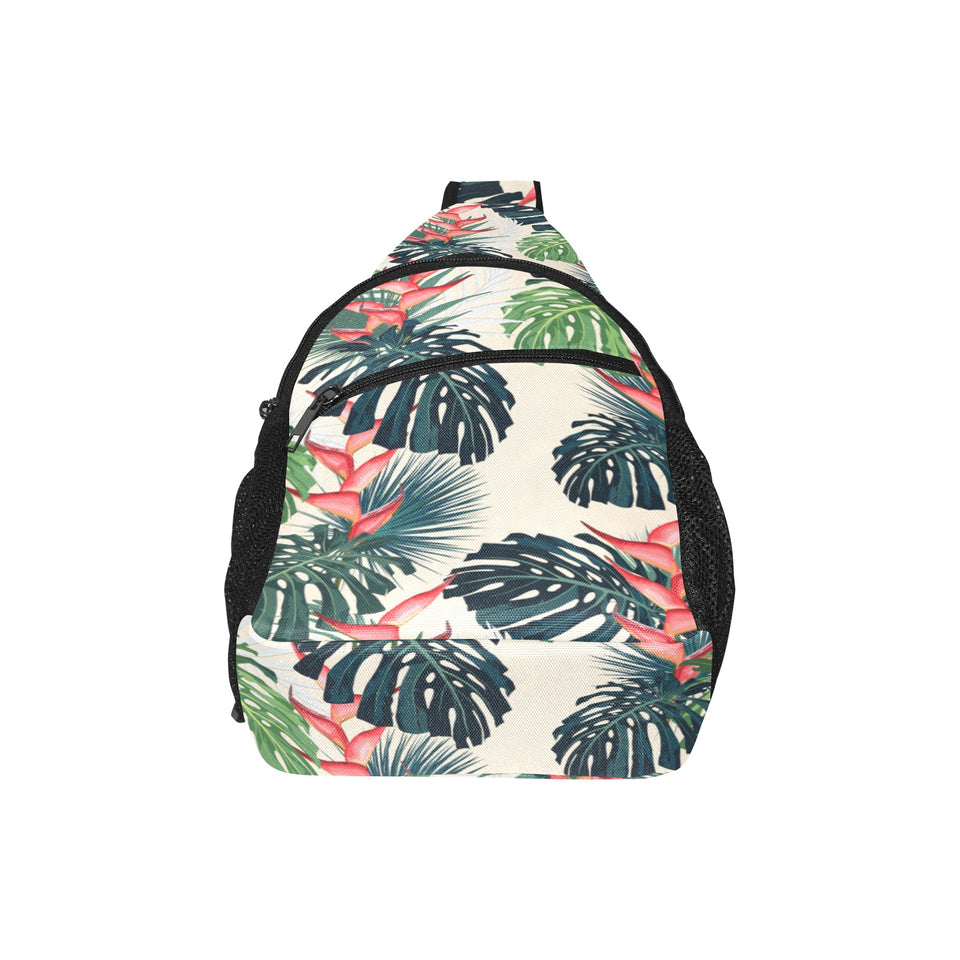 heliconia flowers, palm and monstera leaves All Over Print Chest Bag