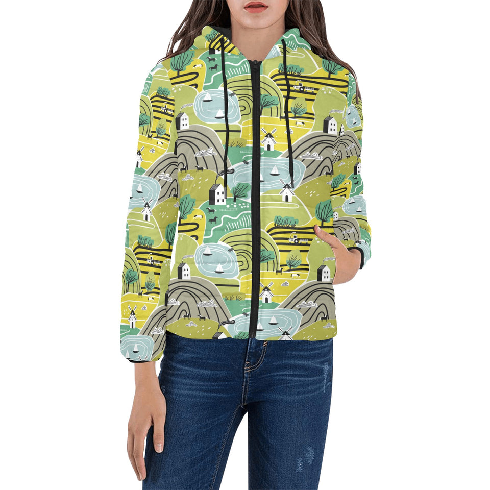 Hand drawn windmill pattern Women's Padded Hooded Jacket