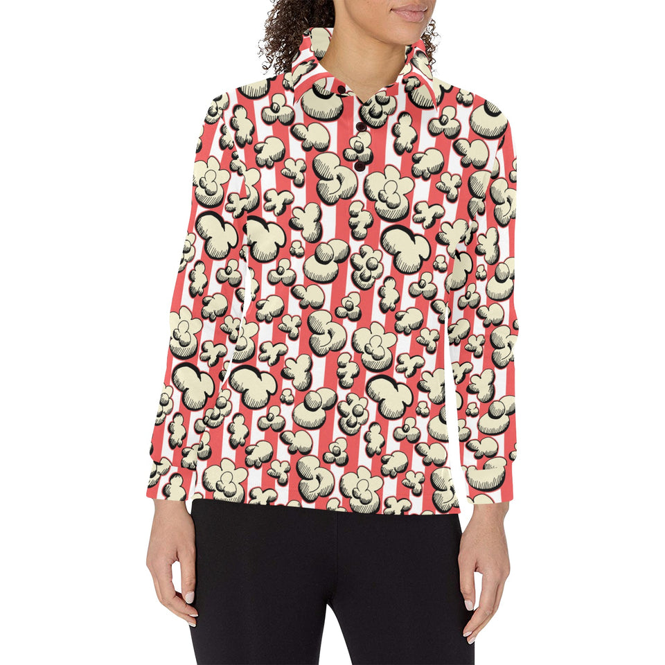 Popcorn Pattern Print Design 05 Women's Long Sleeve Polo Shirt