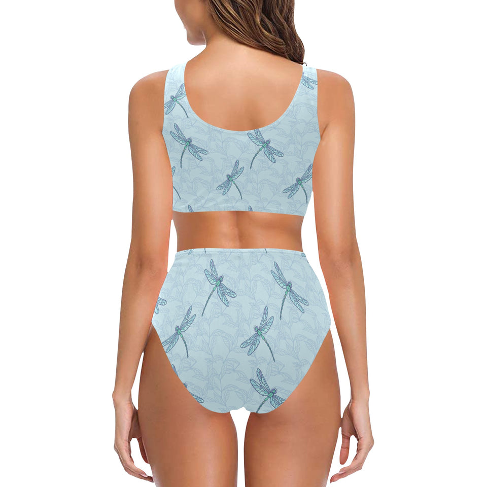 Dragonfly pattern blue background Chest Bowknot High Waisted Bikini Swimsuit