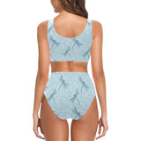 Dragonfly pattern blue background Chest Bowknot High Waisted Bikini Swimsuit