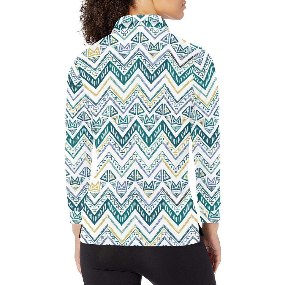 zigzag chevron paint design pattern Women's Long Sleeve Polo Shirt