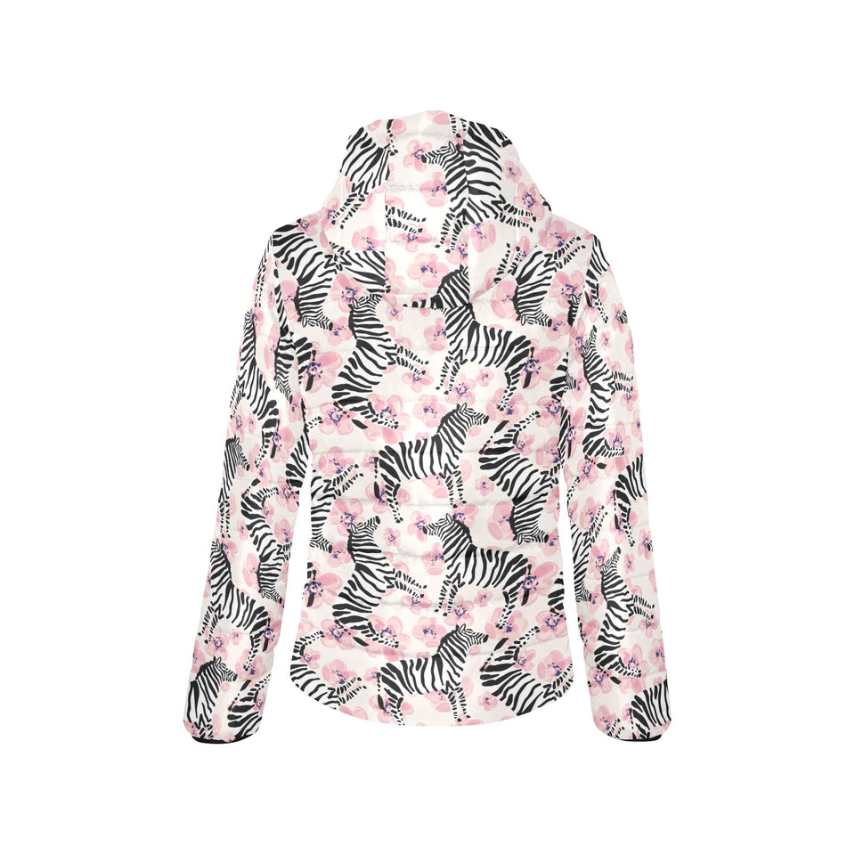 Zebra pink flower background Women's Padded Hooded Jacket