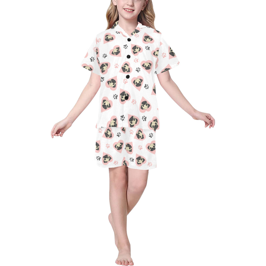 Cute pugs pink heart paw pattern Kids' Boys' Girls' V-Neck Short Pajama Set