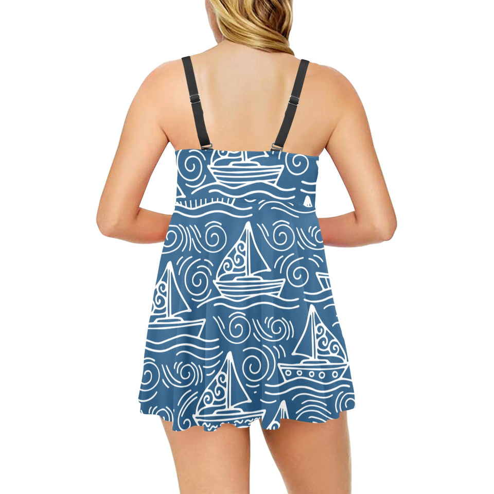 Hand drawn sailboat pattern Chest Sexy Pleated Two Piece Swim Dress