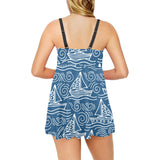 Hand drawn sailboat pattern Chest Sexy Pleated Two Piece Swim Dress