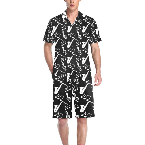 Saxophone music notes treble clef black white them Men's V-Neck Short Pajama Set