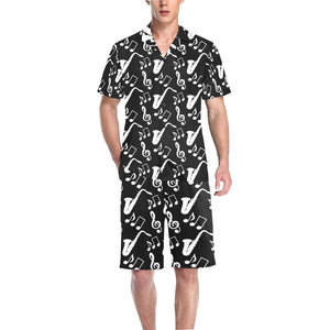 Saxophone music notes treble clef black white them Men's V-Neck Short Pajama Set