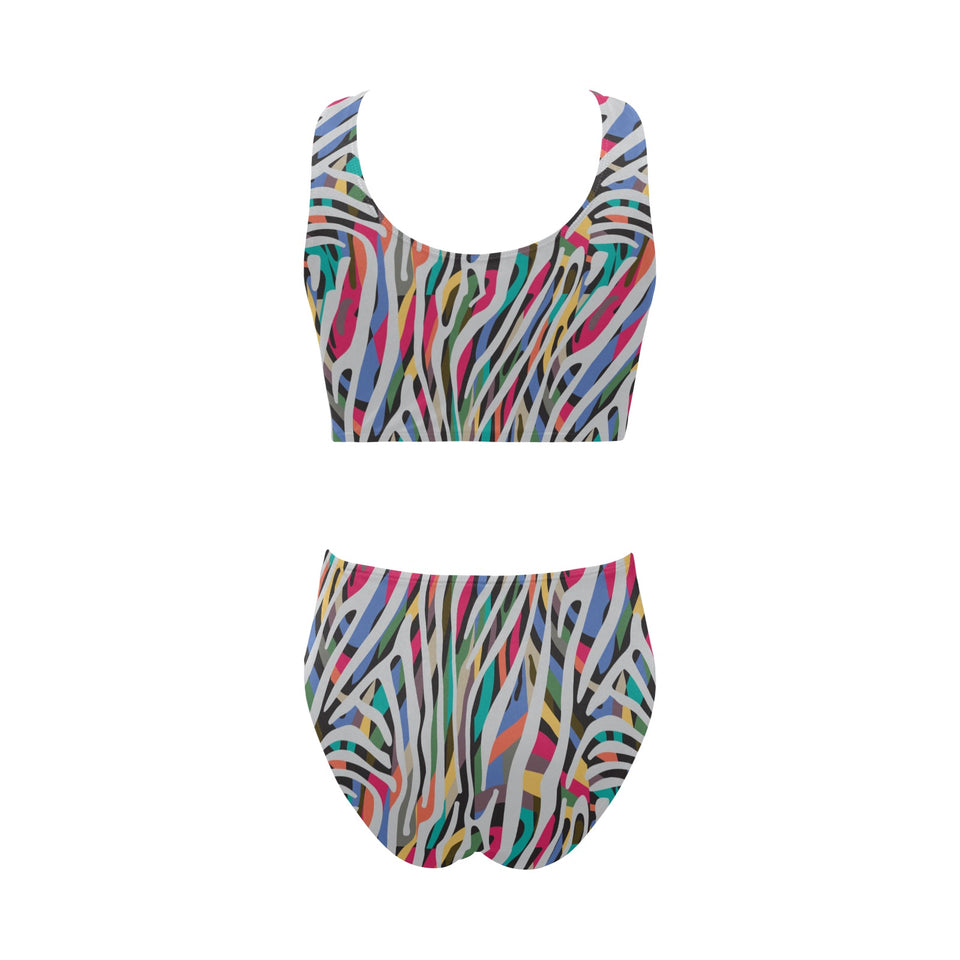Colorful zebra skin pattern Chest Bowknot High Waisted Bikini Swimsuit
